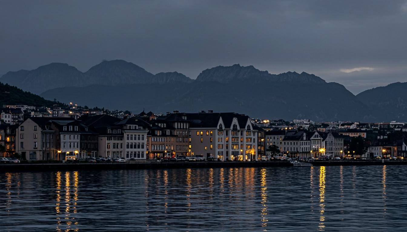Bergens havnefront i blå timen, med fjell bak