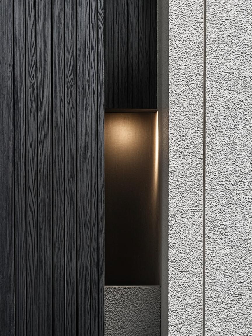 Detalj av svart timber, betong og innfelt messinglys